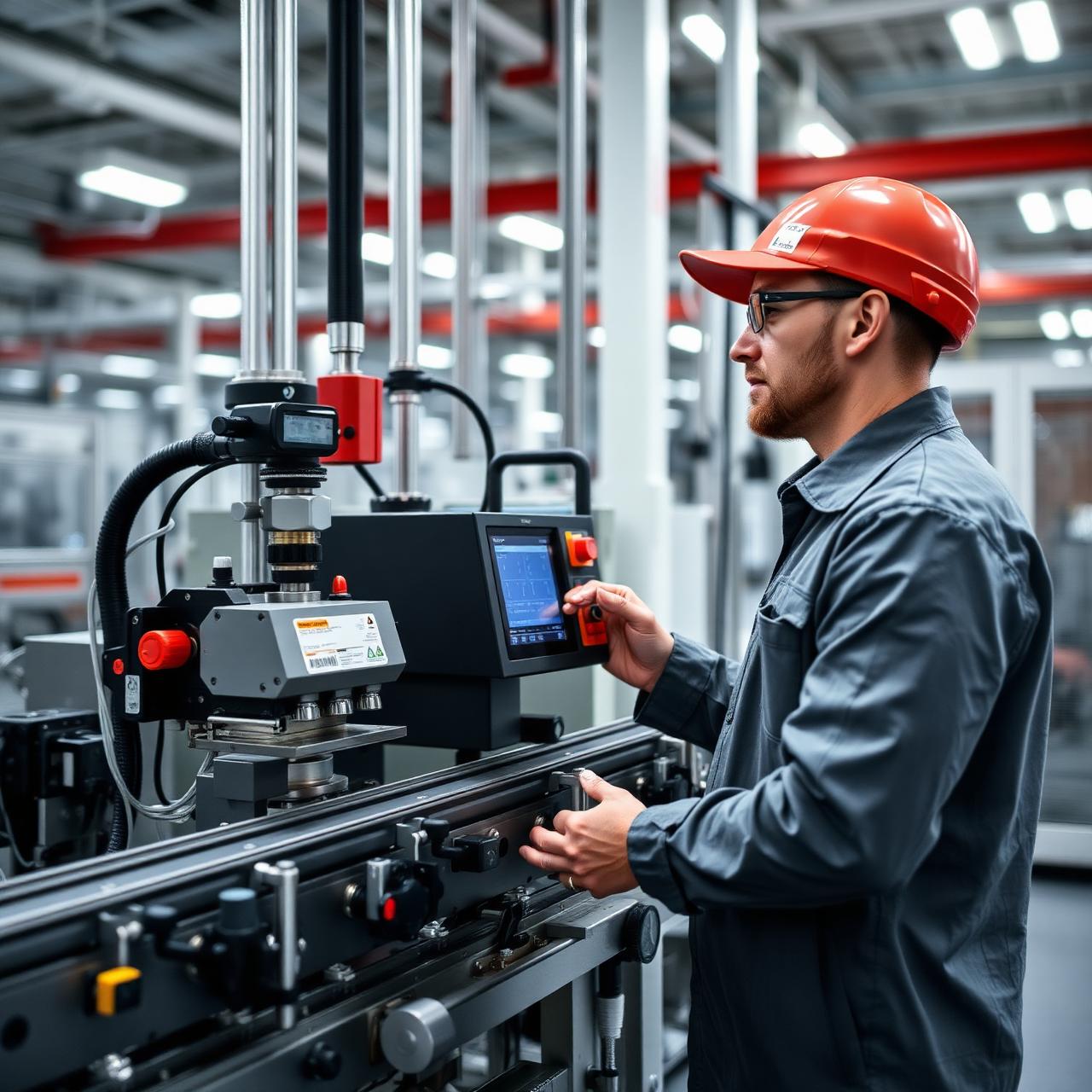 Ingeniero de INGE+PACK operando equipo industrial